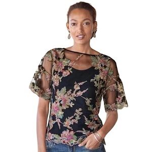 Sundance Celeste Embroidered Beaded Floral Overlay Top size S